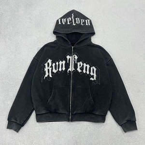 400gsm Heavyweight Vintage Acid Wash Zip Up Hoodie Mens Boxy Cropped Distressed Bordado Patch Hoodie - Product Image 3