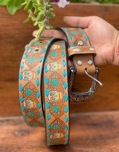 New Handmade Stylish Turquoise Hand <b>Tooled</b> Leather Western <b>Belts</b> Personalized Genuine Leather Floral Design Unisex Waist <b>Belts</b> - Product Image 3