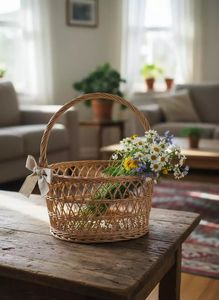 Panier en jacinthe d'eau tissé à la main avec poignée, panier de rangement naturel - Product Image 3