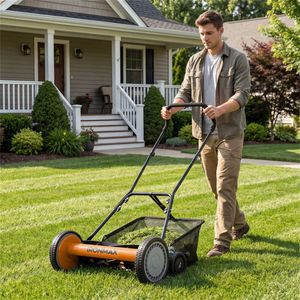 Industrial Grade 18-Inch Manual Walk-Behind Steel Lawn Mower 5 Blade Push Reel 4-<b>Level</b> Height Adjustment Orange Includes Grass - Product Image 3
