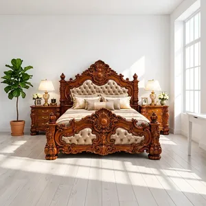 Cama de Madera de Teca Sólida Hecha a Mano Maharaja Palace, Cama Victoriana de Caoba Maciza Tallada a Mano, Tamaño King, Tapicería Acolchada, USA - Product Image 5