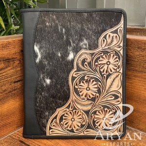 A4 Size Hand Tooled Padfolio <b>Folder</b> Capacity Pockets Business Card Slot Data Document <b>Organizer</b> Agenda Conference Zipper <b>Folders</b> - Product Image 1