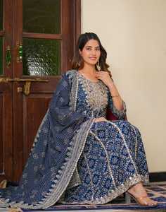 Indian Hand Thread Multicolor Embroidery Work Straight Kurta for Women for <b>Wedding</b> Party Daily Wear Indian Ethic Wear - Product Image 1