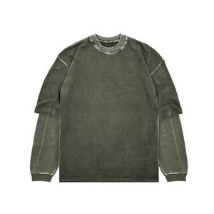 เสื้อยืดแขนสองข้างสำหรับผู้ชายเสื้อยืดผ้าฝ้ายโอเวอร์ไซส์สำหรับซักความเป็นกรดยาวสองชั้นงานตามสั่ง - Product Image 5