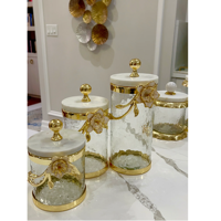 Nouvel Arrivage Pot de Rangement de Cuisine en Verre et Laiton Doré Blanc, Écologique, Fait Main, Art Moderne Unique, avec Couvercle Clip-on Amovible