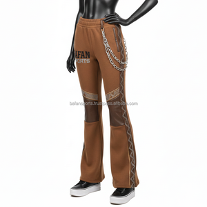 Pantalones de Campana para Mujer, Tela de 300 g/m², Color Marrón con Paneles en las Rodillas con Aspecto de Cuero, Pedrería y Bordado de Logotipo Personalizado - Product Image 4