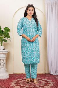 Kurta Larga Informal de Algodón Orgánico Puro, Corte Recto, Mangas 3/4, con Pantalón (Cintura Elástica, Cuello Bordado, Lavable) - Product Image 2