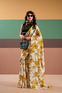 Colección de Saris de Seda Satén con Estampado Floral, Estilo Étnico Indio, con Blusa de Seda Natural Completamente Cosida para Fiestas - Product Image 6