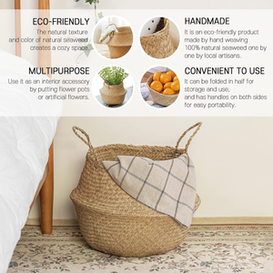 Panier de plantes en jonc de mer, panier d'algues pour pot de plantes, panier de ventre tissé à la main avec poignées pour la lessive, le pique-nique, le panier d'épicerie - Product Image 2