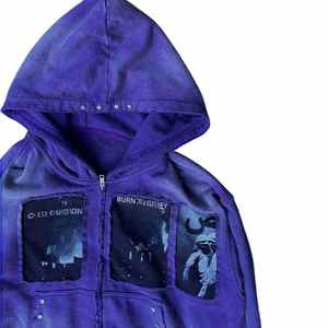 Sweat à capuche zippé unisexe en coton 100% de haute qualité, brodé, effet délavé par le soleil, poids lourd 500 g/m², style streetwear ample avec strass - Product Image 4