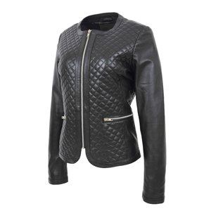 Chaqueta de cuero negro con logotipo personalizado para mujer nueva moda sin cuello manga larga cremallera suave acolchado transpirable teñido procesado - Product Image 6