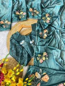 Élégant imprimé numérique délicat travail manuel Chinon soie bleu ciel Saree ethnique fantaisie Blouse exclusive fête de mariage porter Boutique - Product Image 3