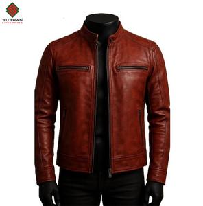 Blouson aviateur en cuir bordeaux fait main, uni, décontracté, hiver, fermeture éclair, col mandarin, coupe ajustée, service OEM - Product Image 2