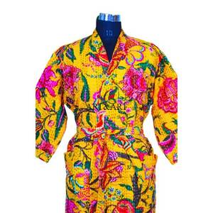 Kimono de Algodón Kantha para Mujer, Elegante Estampado Floral, Cuello en V, Largo Completo, Ropa de Dormir Térmica para Otoño, Invierno, Primavera, Verano y Playa - Product Image 3