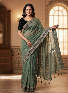 ผ้าไหมมอสพรีเมียม ผ้าซารีหรูหรา ปักเลื่อมและลายปักด้วยด้ายซารี แห้งเร็ว ใส่ได้ทุกฤดู สไตล์บอลลีวูด ดีไซน์ยาวคลุมเท้า สำหรับงานปาร์ตี้ - Product Image 2