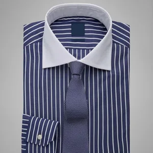 Dark Blue and White French Collar Men's Formal Office and Work wear Dress Shirt