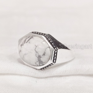 Anillo para hombre al por mayor, piedra preciosa de howlita blanca Natural, anillo de piedra natal, todos los tamaños, Joyería Árabe de Navidad, anillo de Plata de Ley 925 - Product Image 2