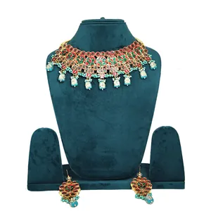วินเทจสีทองลูกปัด firoji meenakari kundan ชุดสร้อยคอทองแดงเครื่องประดับเจ้าสาวที่ดีกับหินเพทายสำหรับของขวัญแต่งงาน - Product Image 3