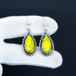 Boucles d'oreilles ovales en turquoise jaune rare, pierre précieuse unique, argent sterling 925 plaqué or, bijoux, cadeau d'anniversaire pour maman - Product Image 5