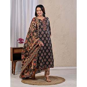 Conjunto de Salwar de Algodón Estampado Black Butta con Dupatta de Mulmul, Estilo Étnico Indio para Fiesta, Tela de Red Cosida - Product Image 6