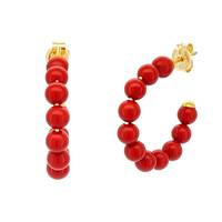 Boucles d'oreilles créoles JJ BRAVO en perles rouges audacieuses avec accents en or 14 carats, design géométrique tendance, bijoux de déclaration pour femmes, fêtes, corail 4 mm