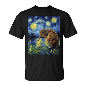 T-Shirt con Grafica Notte Stellata Stile Van Gogh, Design con Uccello Kiwi, Magliette Promozionali - Product Image 2