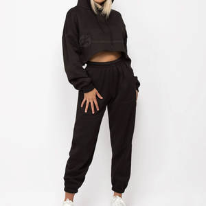 Ensemble de survêtements décontractés pour femmes, imprimé uni, 100% coton, à capuche, coupe courte, écologique, respirant, 2 pièces, séchage rapide, manches longues - Product Image 2