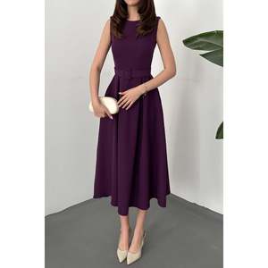 <b>Purple</b> Solid <b>Halter</b> <b>Neck</b> Natural Waist Midi Flared <b>Dress</b> - Product Image 4