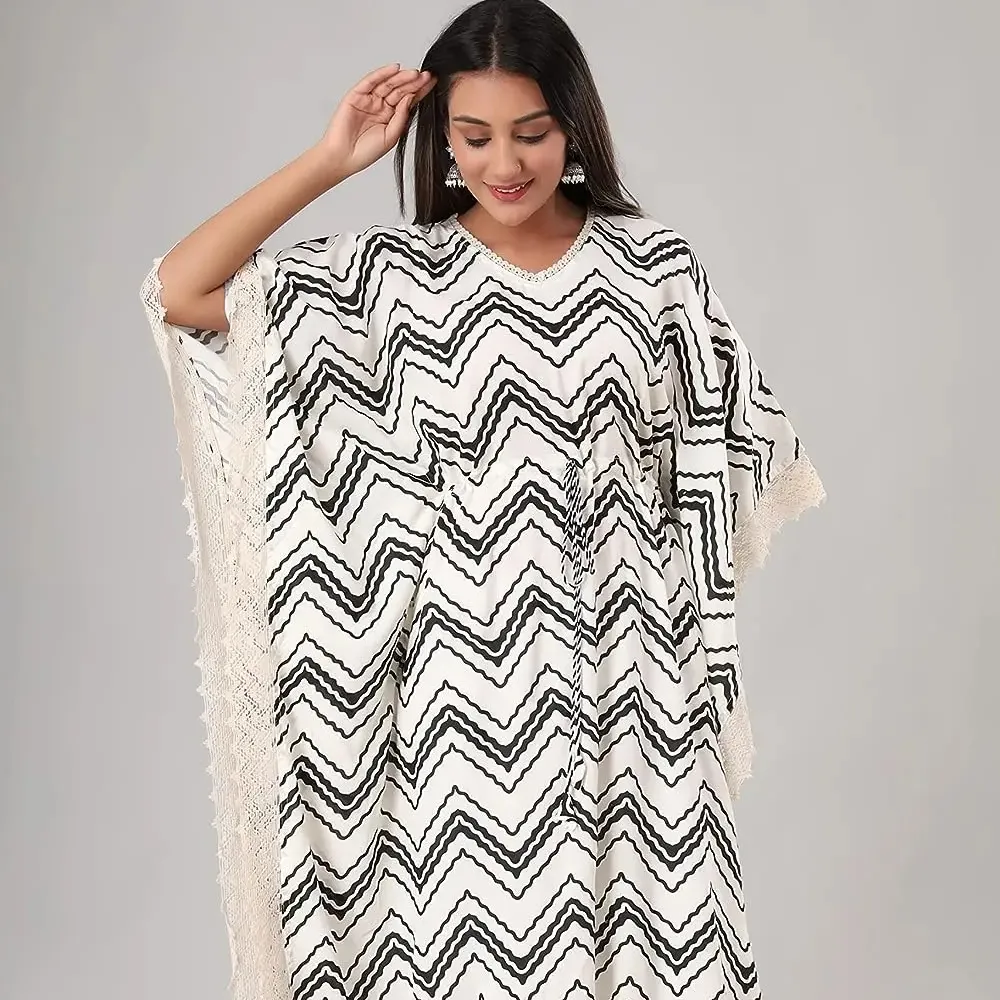 100% कॉटन महिला कफ्तान ड्रेस हैंड ब्लॉक प्रिंट कैजुअल ड्रेस आधुनिक कफ्तान ड्रेस