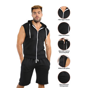 Ensemble sweats à capuche et short sans manches noirs pour hommes sur mesure Ensemble survêtement d'été en molleton de coton fermeture éclair complète tenue décontractée élégante - Product Image 6