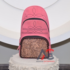 Hot Selling Western Hand Tooled & <b>Boot</b> Stitch Pink Suede Leather Chest Bag with Backpack Floral Crossbody Sling Bag for Women's - Product Image 1