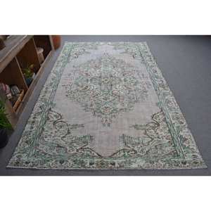 Tapis turc Vintage Beige Vert 5.5 X 8.9ft Laine Plat Tissage Patchwork Motif pour Décorations de Salon Couloir Utiliser Latex - Product Image 1