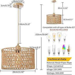 โคมไฟหวายสานธรรมชาติสไตล์โบฮีเมียนโคมไฟติดเพดานแบบชนบทพร้อมสายไฟปรับได้สำหรับเฟอร์นิเจอร์ห้องนั่งเล่น - Product Image 4