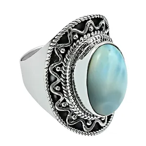 Natural Larimar Gemstone 925 Sterling Silver Handmade Jewelry Classic Style Big Stone Artisan Ring For Man Wholesale Suppliers