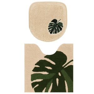 Ensemble de toilette hawaïen naturel moderne 2 pièces couvercle de salle de bain beige et tapis long avec maison Monstera M + - Product Image 1
