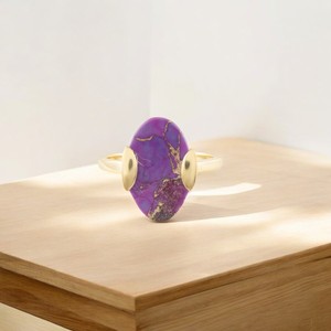 Bague en argent sterling 925 plaqué or 18 carats de créateur, faite à la main, ovale, violet, turquoise, pierre précieuse, lunette, pièce de déclaration pour - Product Image 3