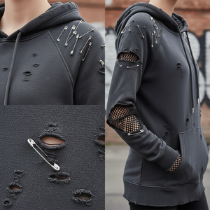 Sudadera con Capucha Personalizable para Mujer, Color Gris Carbón Desgastado, Adornos de Imperdible en la Parte Delantera, Transpirable, Ecológica, con Dobladillo sin Rematar - Product Image 4