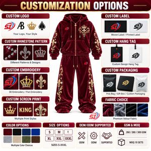 OEM Royal Wine Crest Velour <b>Velvet</b> <b>Tracksuit</b> Rhinestones Crystal 95 Cotton 5 Elastane Hoodie Pants Set Luxury Oversized Stree - Product Image 6