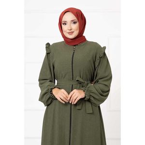 Abaya Nida kaki avec détail à volants élégants sur l'épaule Hijab décontracté au design simple pour femme pour la saison été hiver Tailles XS XXL - Product Image 3