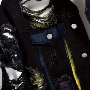 Veste en jean vintage déchirée et délavée à l'acide pour homme, col montant, boutonnée, streetwear écologique, vente en gros de haute qualité - Product Image 6