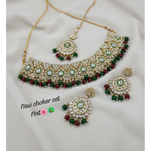 Ethnic Kundan Gold-Plated Bridal <b>Choker</b> Necklace Set Zircon Beads Wedding Engagement/Party Fashion Jewelry - Product Image 2