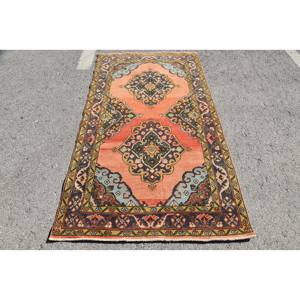 Alfombra turca clásica Vintage de 3,8x6,9 pies, diseño de retazos azul naranja, técnica de tejido plano de látex de lana, alfombra Bohemia para sala de estar - Product Image 1