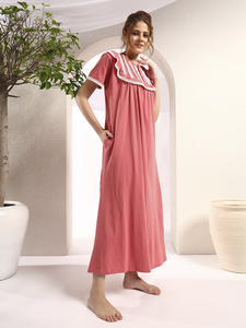 Chemise de nuit en dentelle 100% coton pour femmes, manches courtes, longueur totale, tissu respirant, col uni, élégant, automne/printemps/été - Product Image 2