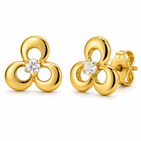 JJBRAVO Pendientes de Oro Sólido de 14k con Trébol y Circonita Redonda para Mujer, Joyería Fina, Amuleto de la Suerte
