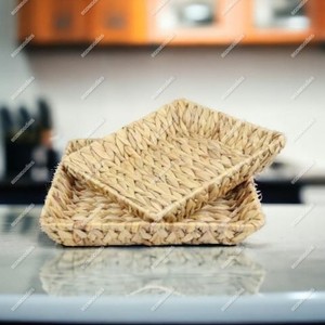 Handmade สี่เหลี่ยมผืนผ้าผักตบชวาธรรมชาติบ้านตะกร้าเก็บตารางและตกแต่ง Pantry ชั้นวางอาหารถาด - Product Image 4