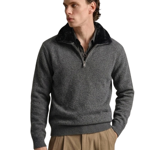 Pull en tricot pour homme gris anthracite uni avec col zippé, en laine/nylon, col en fausse fourrure, poignets et ourlet côtelés, pour la vente en gros, vêtements d'hiver - Product Image 1