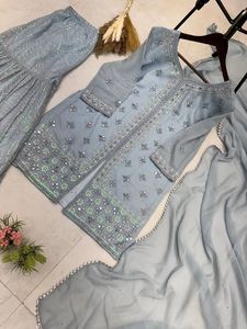 Colección de diseñadores indios Georgette Heavy Sequence bordado y espejo real trabajo superior y Sharara con diamante trabajo Dupatta - Product Image 5