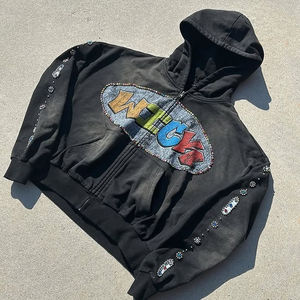 Sudadera con Capucha para Hombre, Diseño Personalizado OEM, Moderna, con Cuentas de Cristal, Lavada, Estilo Vintage, 100% Algodón, para Invierno - Product Image 3