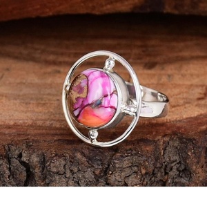 Pink Oyster Turquoise Round <b>Ring</b> in 925 <b>Silver</b> Open Disc <b>Boho</b> Jewelry Gift for Women - Product Image 4