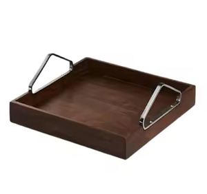 Plateau de service en bois avec poignées en acier inoxydable Plateau de service décoratif en forme de rectangle brun foncé - Product Image 1